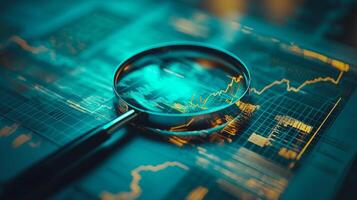 Exploring market trends with a magnifying glass under a futuristic glow in a trading environment photo