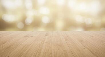 Wooden table with bokeh light background photo