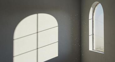 A room with a window and a sun shining through it photo