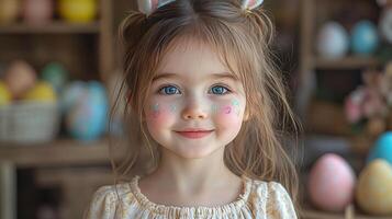 Adorable Girl with Bunny Ears and Easter Eggs in Spring Glow photo