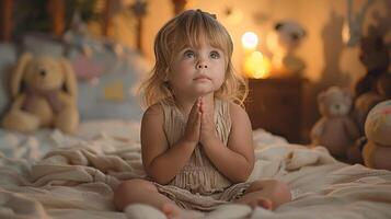A scene of pure innocence and faith as a child prays in a softly lit bedroom photo