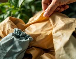 close-up view of woman putting crumpled clothes in bag. Unpacking New Clothes photo