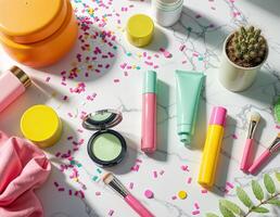 Flat lay composition with cosmetic products and cactusle background. Colorful Makeup and Skincare Flatlay photo