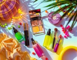 Flat lay composition with cosmetic products and palm leaves on color background. Summer Makeup Essentials photo