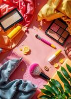 Flat lay composition with cosmetics and accessories on pink background. Top view. Summer Makeup Flatlay photo
