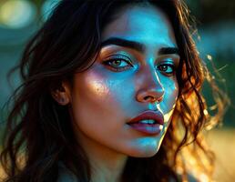 Close up portrait of a beautiful young woman with bright make-up. Iridescent Beauty Portrait photo