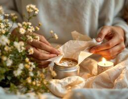 Close up of female hands holding a soap on the bed with flowers. Relaxing Bath Ritual photo