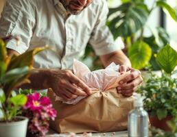 Cropped image of a male florist wrapping a paper bag. Unpacking a Plant Package photo