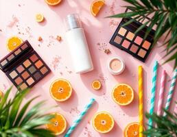 Flat lay composition with cosmetic products and oranges on pink background. Summer Beauty Essentials photo