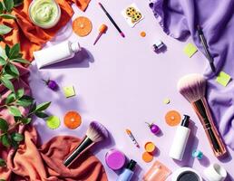 cosmetics on violet background, top view, copy space, flat lay. Beauty Flatlay photo