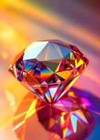 Shiny diamond on a colorful background. 3D rendering. Macro. Dazzling Rainbow Diamond photo