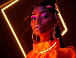 Portrait of a beautiful young african american woman with bright make-up. Neon Portrait of a Woman photo