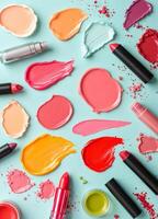 collection of various make up and cosmetic products arranged on blue background. each one is shot separately. Colorful Lipstick Swatches photo