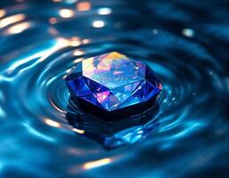 Blue diamond on water surface. 3D illustration. Shallow depth of field. Blue Diamond in Water photo