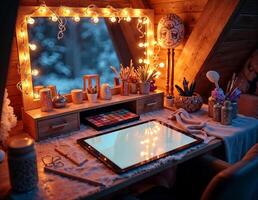 Tablet computer in the interior of a wooden house. Evening light. Cozy Winter Vanity Setup photo