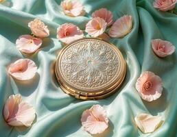Round gold compact powder on the background of a blue silk fabric with pink flowers. Ornate Gold Compact Mirror photo