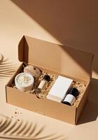 cardboard box with cosmetic products and palm leaf shadow on beige. Luxury Gift Set in EcoFriendly Box photo