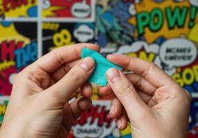 teen hands holding a teal peel off nail mask on pop art background. Teal Polymer Clay photo