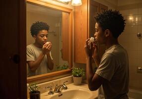 boy applying night skincare routine in front of mirror in bathroom. Nightly Skincare Routine photo