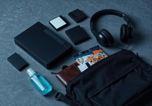 Top view of black bag with various personal accessories and mobile phone on concrete background. Tech Essentials Kit photo
