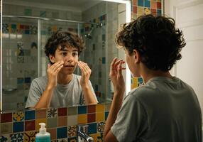 boy applying moisturizer skincare routine in front of mirror. Teenage Boy Skincare Routine photo