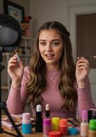 selective focus of beautiful girl looking at camera and holding makeup brush. Makeup Tutorial photo
