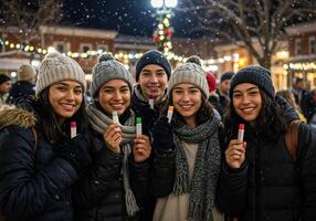 Group of friends hanging out and holding holding eco friendly lip balms. Friends at Winter Market photo