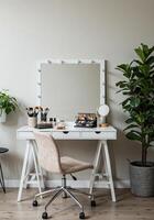 Interior of modern dressing room with armchair, makeup brushes and mirror. Modern Makeup Vanity Setup photo