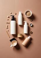 cosmetic products on a brown background, top view, flat lay. Natural Skincare Products photo