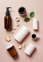 Flat lay composition with cosmetic products on beige background, top view. Natural Beauty Products photo