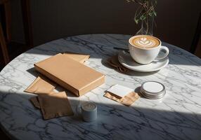 Coffee cup and paper bagle table in coffee shop. Coffee Shop Branding Mockup photo