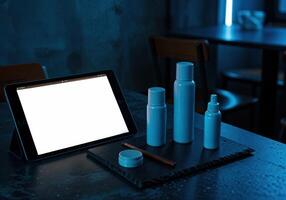 Mockup image of tablet pc with blank white screen and cosmetics on table. Beauty Product Mockup photo