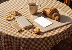 Breakfast with coffee and croissants on a tablecloth. Breakfast Mockup photo