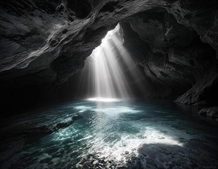 Underwater view of beautiful dark cave with light coming from the hole. Sunbeams in a Cave photo