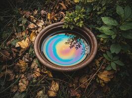 Porcelain bowl with water and autumn leaves, top view. Rainbow Oil Slick in Bird Bath photo