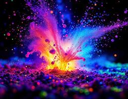 Abstract explosion of colorful particles on black background. 3D Rendering. Chromatic Burst photo