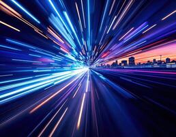 a cityscape with light trails and a city in the background. Speed of Light photo