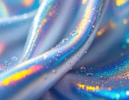 abstract background of colored silk fabric with drops of water close up. Holographic Fabric Texture photo