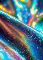 abstract background of glittering shiny fabric with bokeh effect. Iridescent Glitter Fabric photo