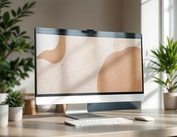 Close up of modern desktop with blank computer screen, keyboard and other items. Mock up. Modern Home Workspace photo