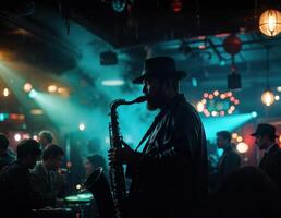 Musician playing saxophone on the stage at night club. Saxophone Player in a Club photo
