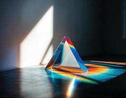 Triangle on the table in the light of the window in the room. Prismatic Triangle photo