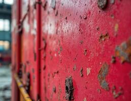 Detail of the hull of a red train carriage with rust and peeling paint. Rusty Red Metal Surface photo