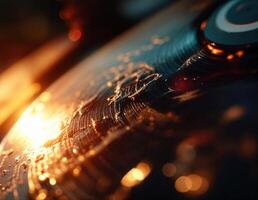 Close up of a scratched vinyl record with a bokeh effect. Golden Vinyl Groove photo