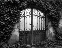 Black and white photo of a wrought iron gate surrounded by ivy. Overgrown Iron Gate