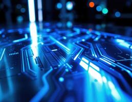 Abstract technology background with circuit board and glowing lights. 3d rendering. Futuristic Circuit Board photo