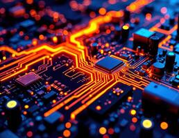 Circuit board Close Up. Electronic computer hardware technology. Motherboard digital chip. Tech science background. Integrated communication processor. photo