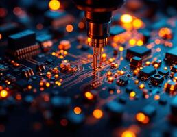 Electronic circuit board with microchips and electronic components close up. Circuit Board Manufacturing photo