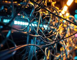Close up of network cables in a dark room. Selective focus. Tangled Server Room Cables photo