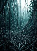 abstract background of tangled wires in the dark forest. Toned. Tangled Forest Path photo
